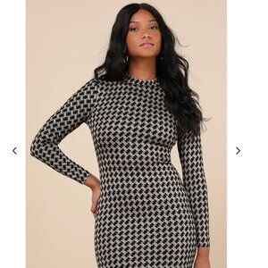 Black Houndstooth Print Mock Neck Long Sleeve Mini Dress LuLus S